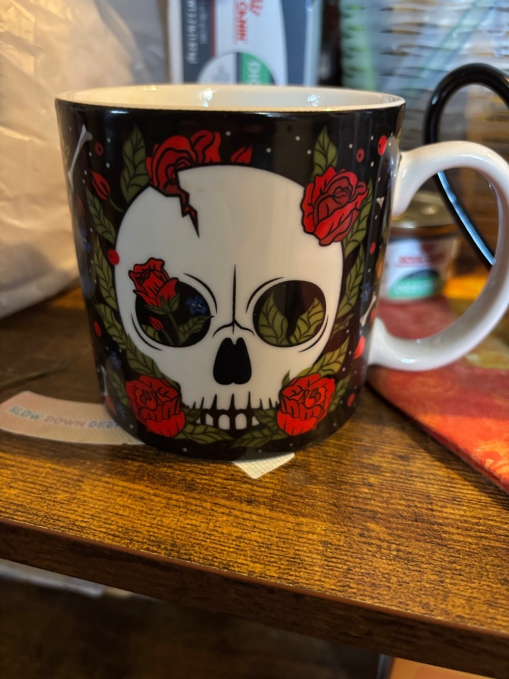 Ceramic Skull & Roses Coffee Mug in Black, Red, Green